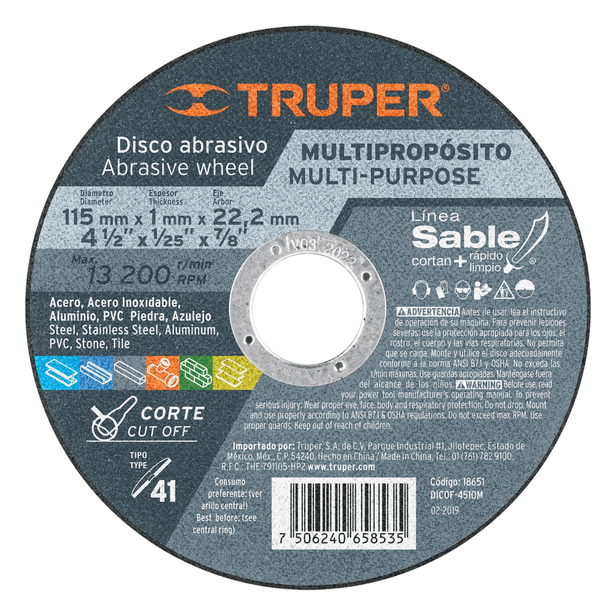 DISCO TIPO 41 DE 4-1/2' X 1 MM CORTE MULTIMATERIAL