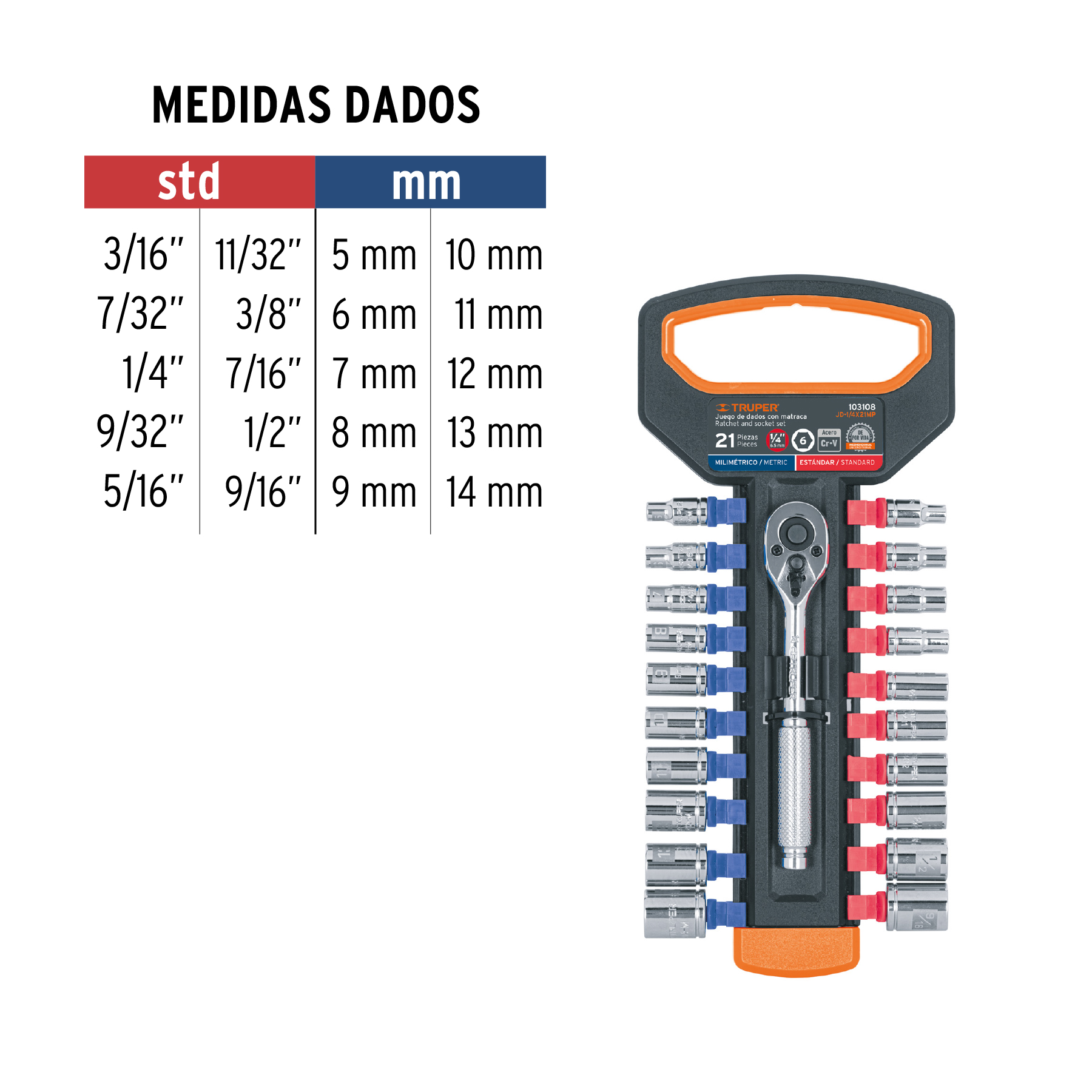 JUEGO DE DADOS MM Y STD CON MATRACA, CUADRO 1/4" - Image 2