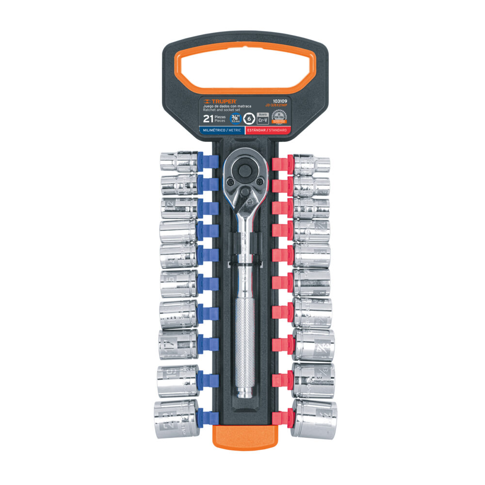 JUEGO DE DADOS MM Y STD CON MATRACA, CUADRO 3/8"
