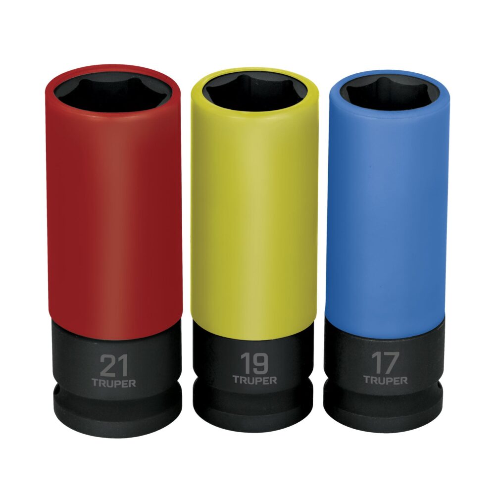 JUEGO 3 DADOS LARGOS 1/2" IMPACTO PROTECCIÓN PLÁSTICA 6P MM