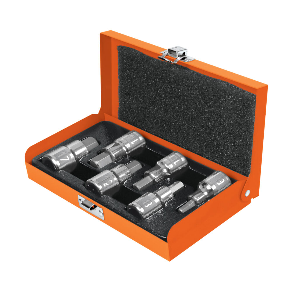 JUEGO DE 6 DADOS CUADRO 1/2" PUNTA HEX MM, ESTUCHE METÁLICO
