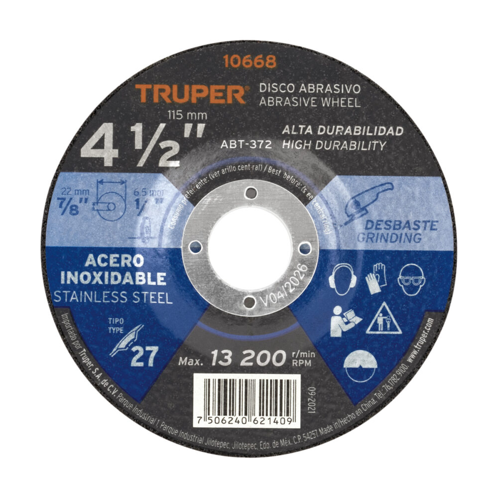 DISCO TIPO 27 DE 4-1/2" X 6.5 MM DESBASTE ACERO INOXIDABLE