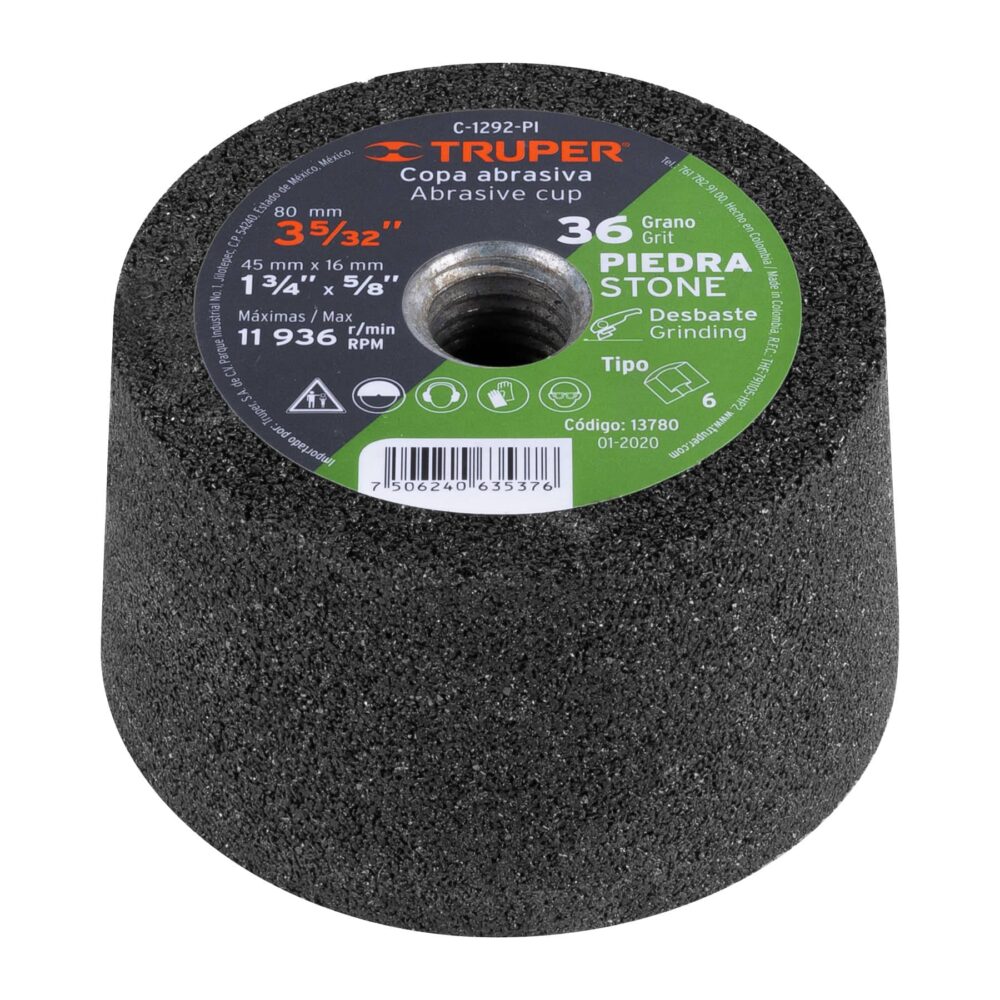 COPA DESBASTE DE PIEDRA 3-5/32" GRANO 36, EJE 5/8-11