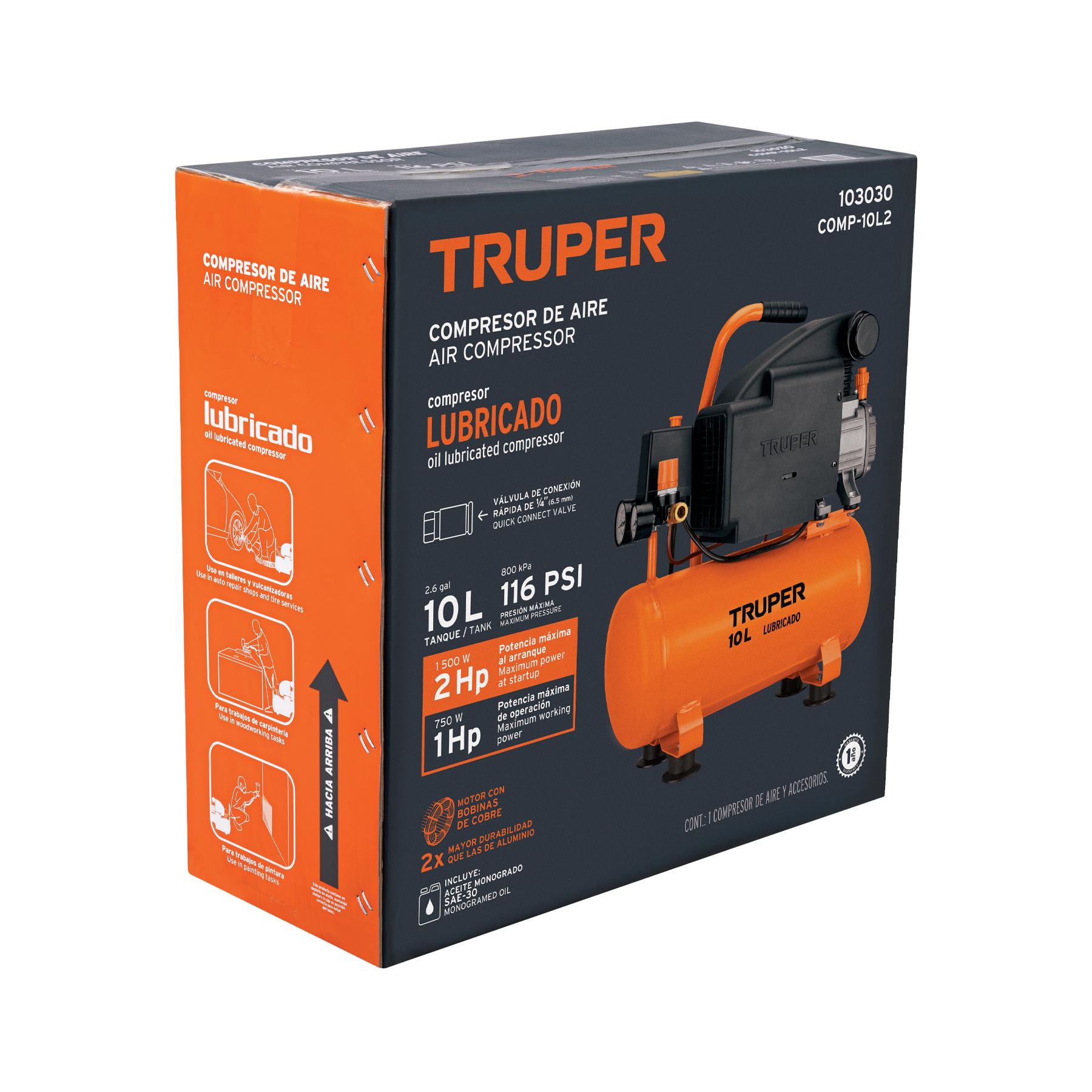 COMPRESOR LUBRICADO, 10L, 2 HP, HORIZONTAL, 127V - Image 2