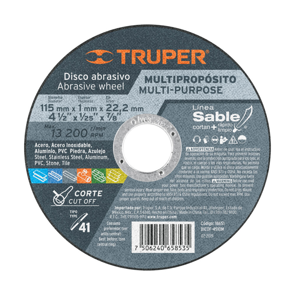 DISCO TIPO 41 DE 4-1/2" X 1 MM CORTE MULTIMATERIAL, SABLE