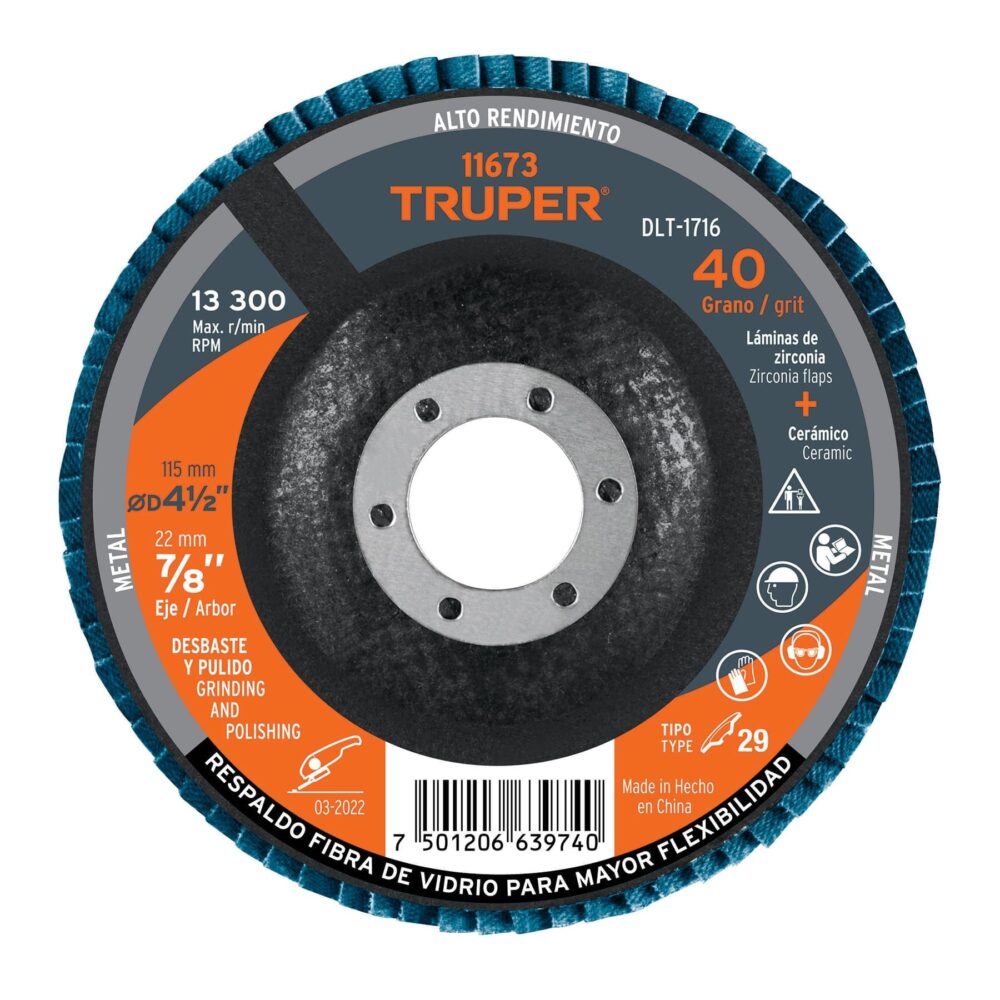 DISCO LAMINADO 4-1/2", GRANO 40 CENTRO 7/8", FIBRA