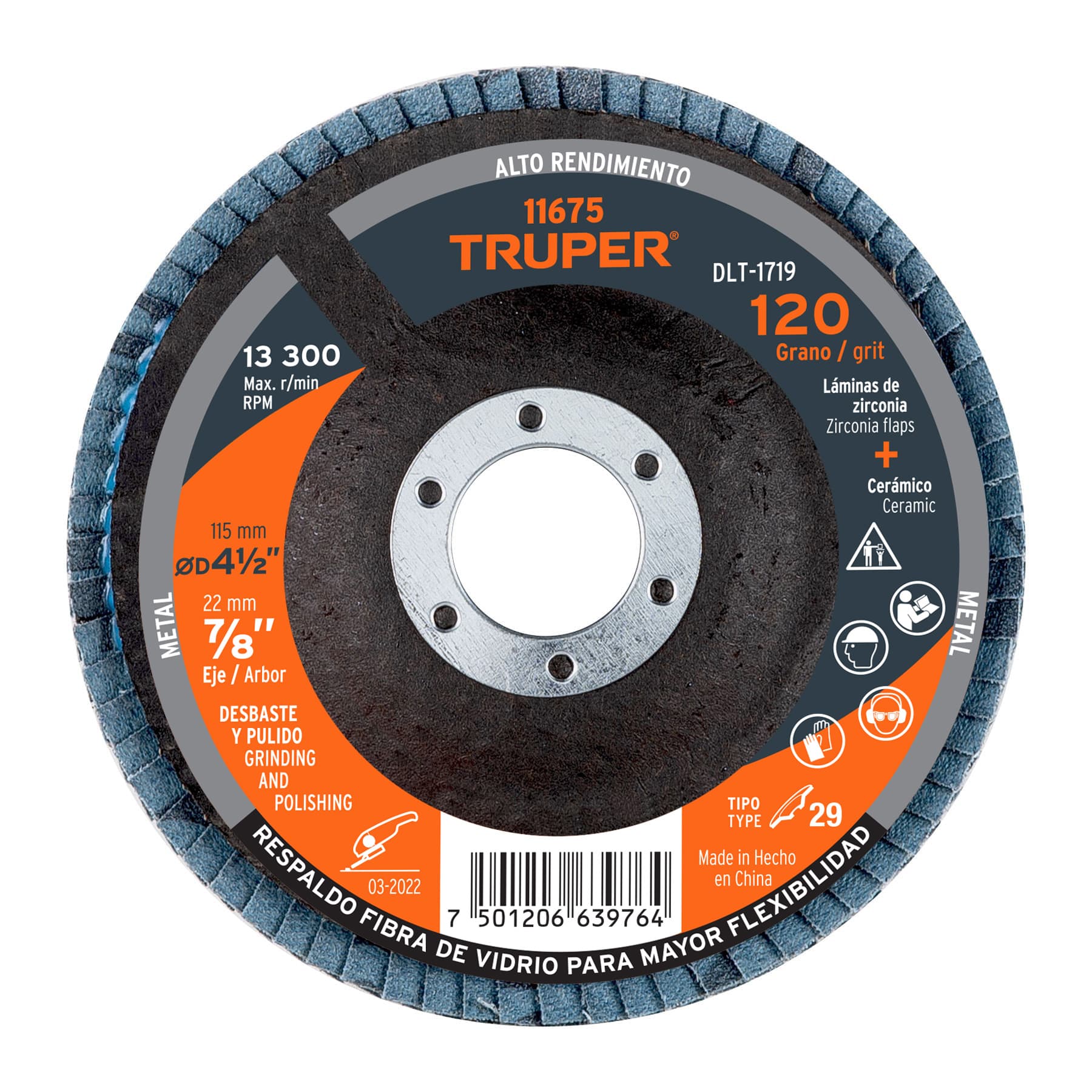 DISCO LAMINADO 4-1/2", GRANO 120 CENTRO 7/8", FIBRA