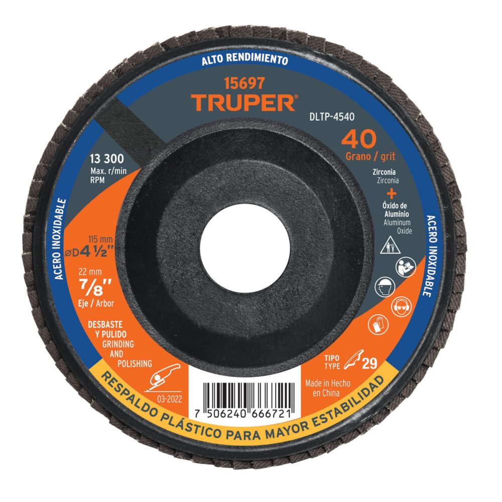 DISCO LAMINADO 4-1/2" GRANO 40 CENTRO 7/8", PLÁSTICO,