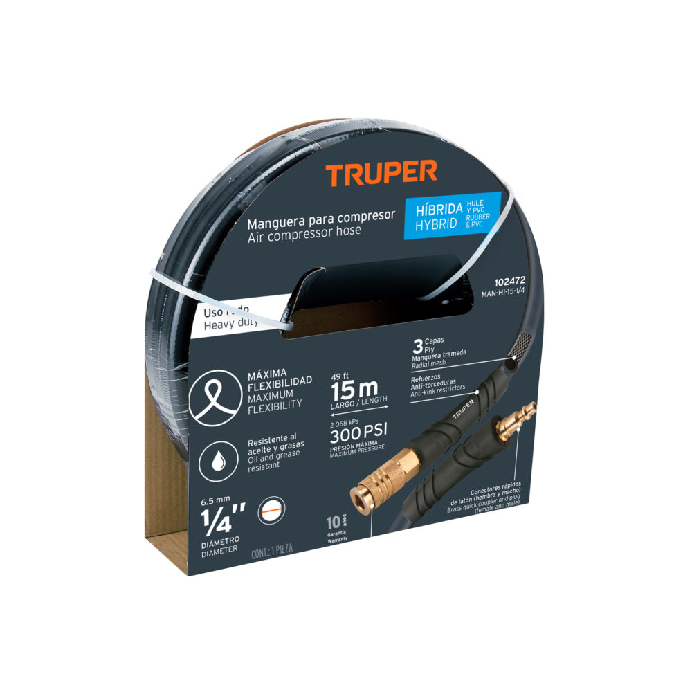 MANGUERA PARA COMPRESOR, HÍBRIDA, 15M X 1/4"