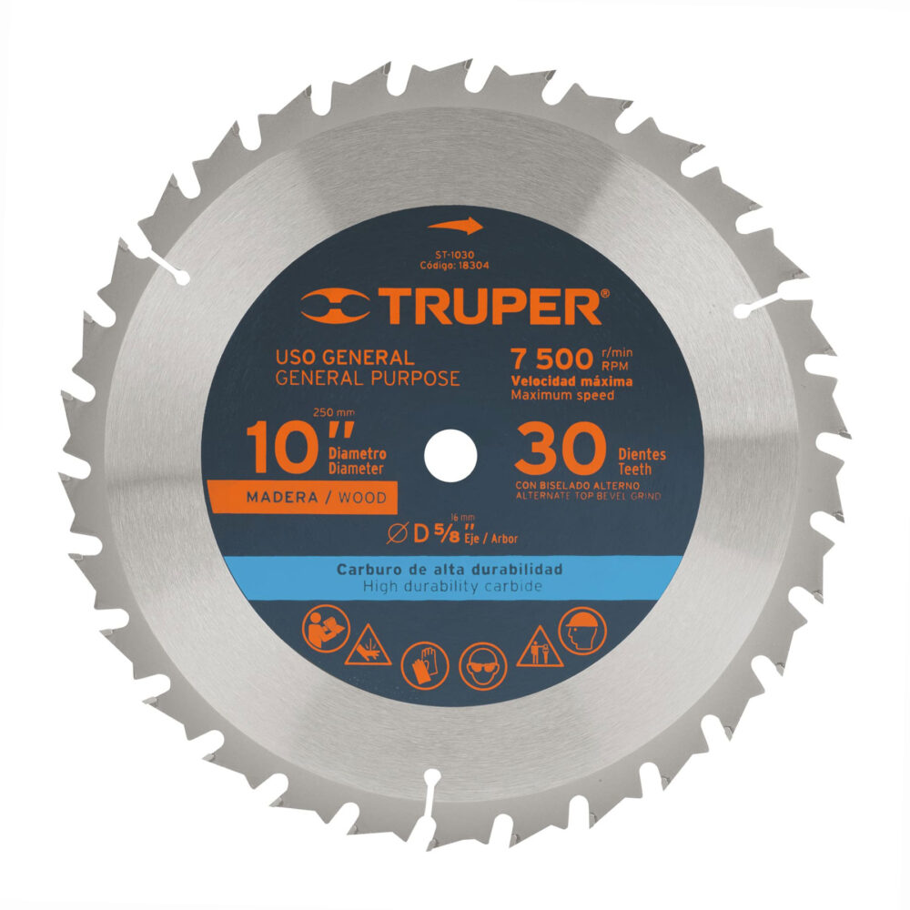 DISCO SIERRA 10" PARA MADERA, 30 DIENTES CENTRO 5/8"