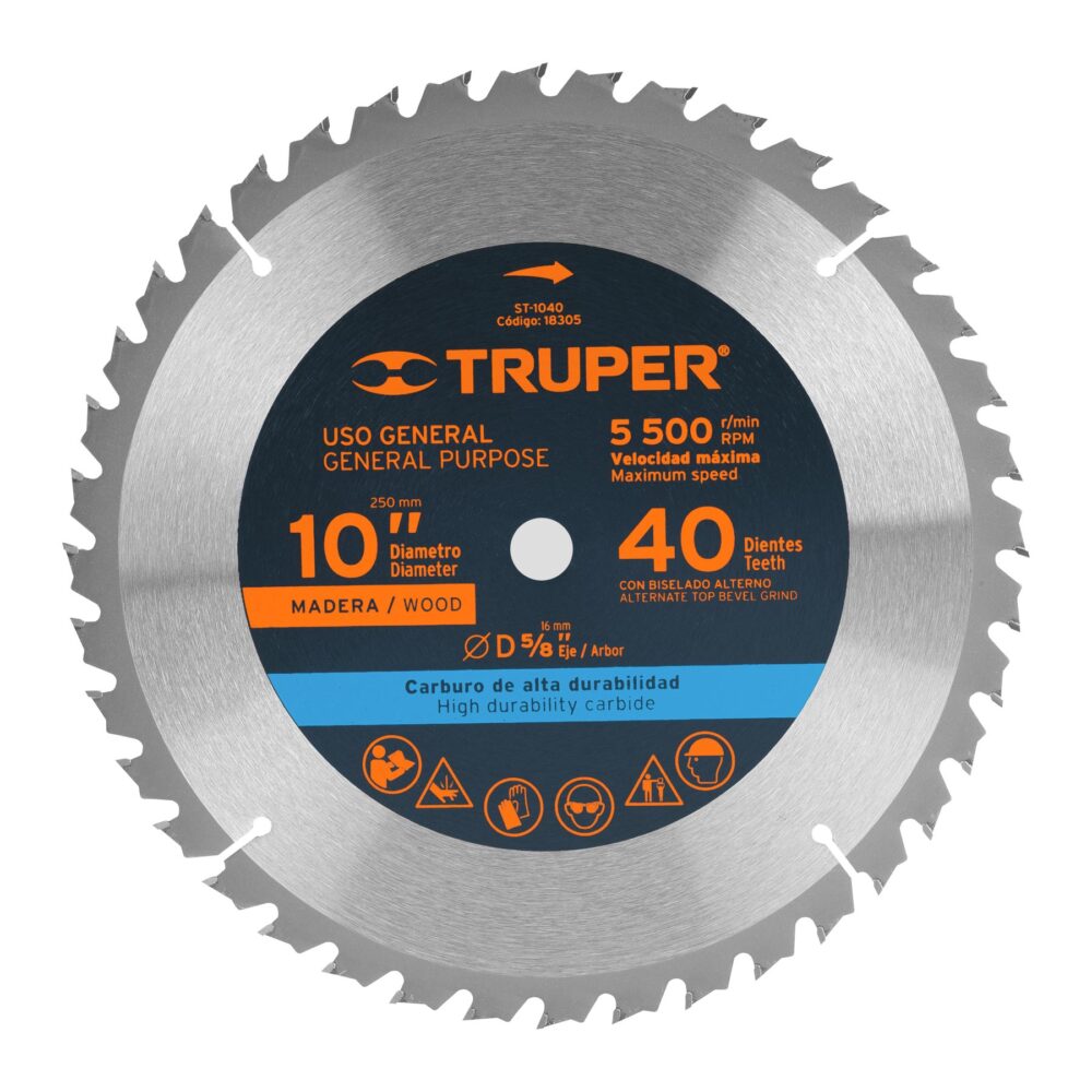 DISCO SIERRA 10" PARA MADERA, 40 DIENTES CENTRO 5/8"