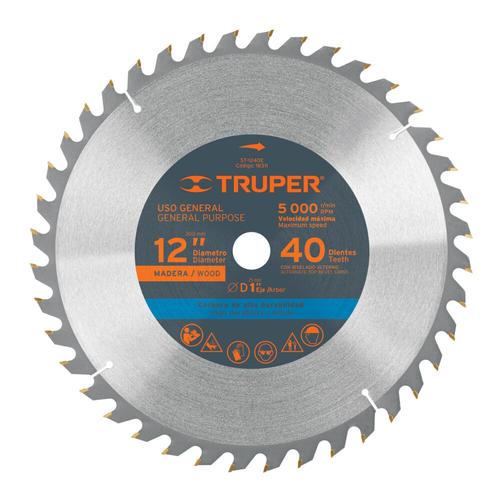DISCO SIERRA 12" PARA MADERA, 40 DIENTES CENTRO 1"