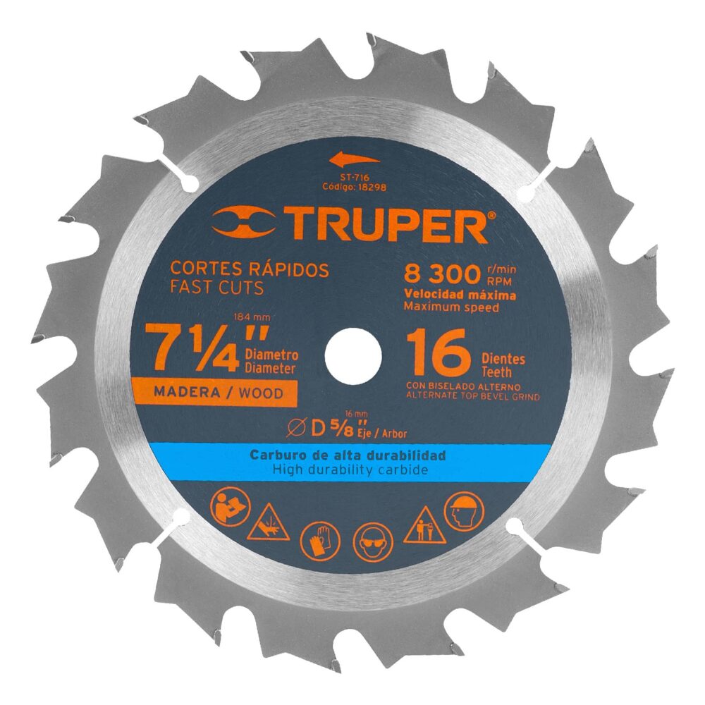 DISCO SIERRA 7- 1/4" PARA MADERA, 16 DIENTES CENTRO 5/8"