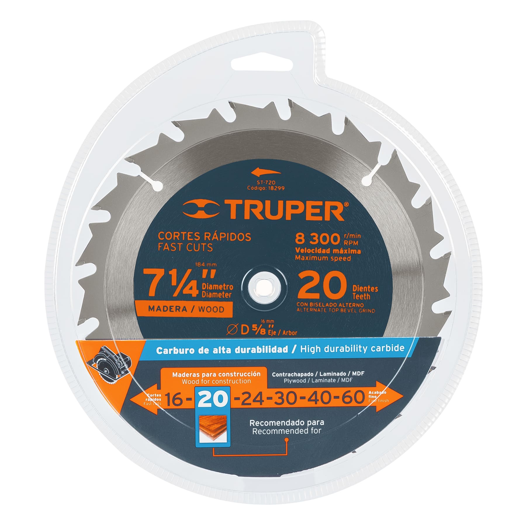 DISCO SIERRA 7- 1/4" PARA MADERA, 20 DIENTES CENTRO 5/8" - Image 2