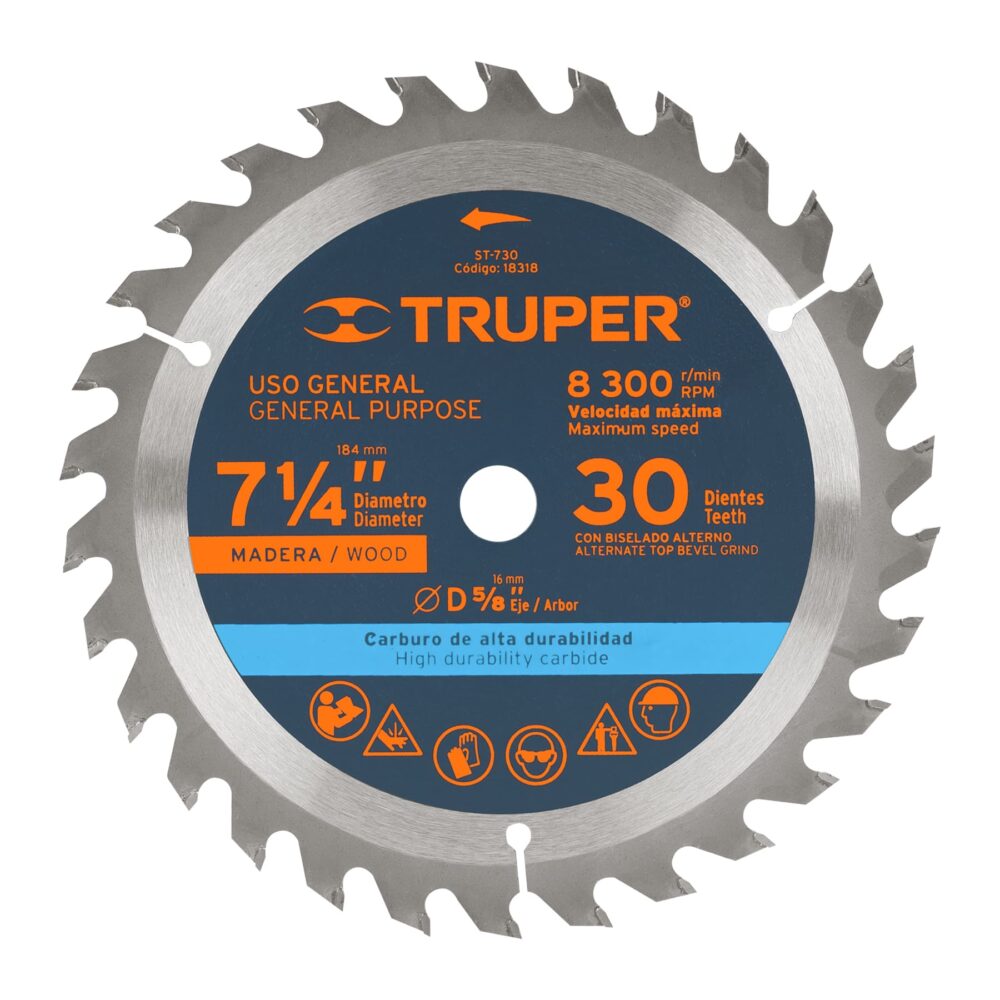 DISCO SIERRA 7- 1/4" PARA MADERA, 30 DIENTES CENTRO 5/8"