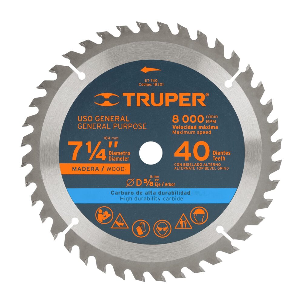 DISCO SIERRA 7- 1/4" PARA MADERA, 40 DIENTES CENTRO 5/8"