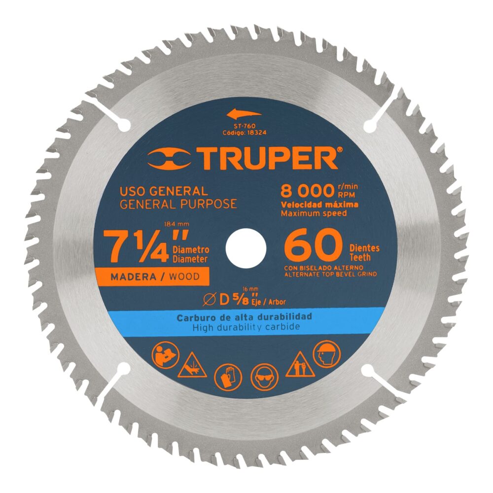 DISCO SIERRA 7- 1/4" PARA MADERA, 60 DIENTES CENTRO 5/8"