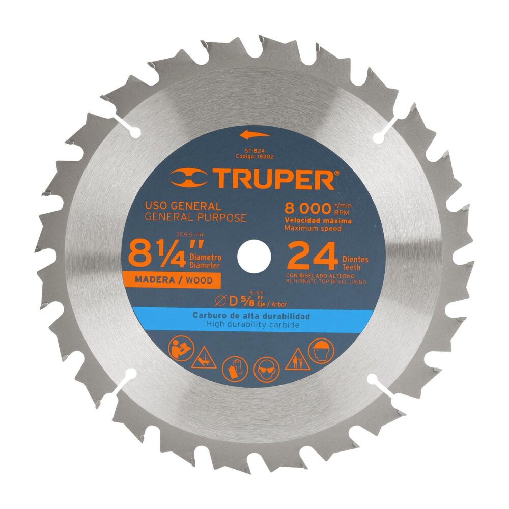 DISCO SIERRA 8-1/4" PARA MADERA, 24 DIENTES CENTRO 5/8"