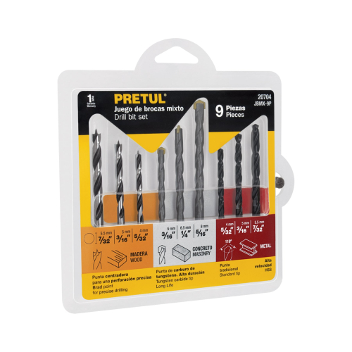 JUEGO DE 9 BROCAS PARA METAL, CONCRETO Y MADERA